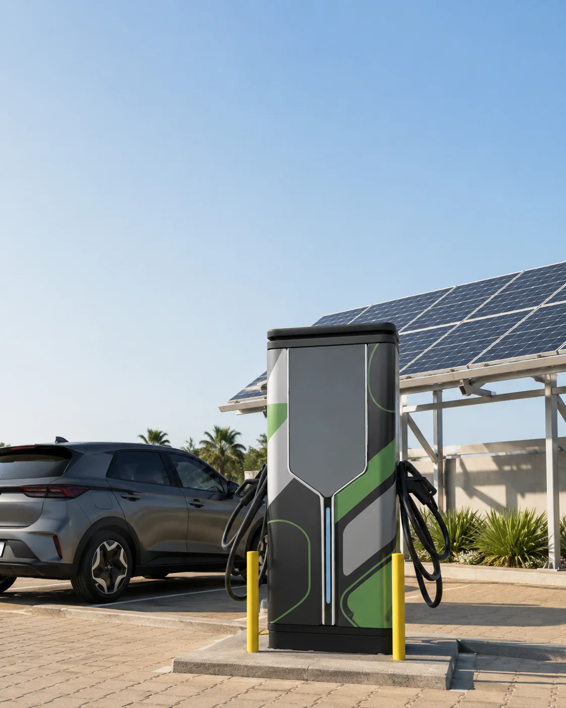 Carregador ARVO EV instalado sob estrutura com painéis solares, veículo elétrico plugado durante o dia.